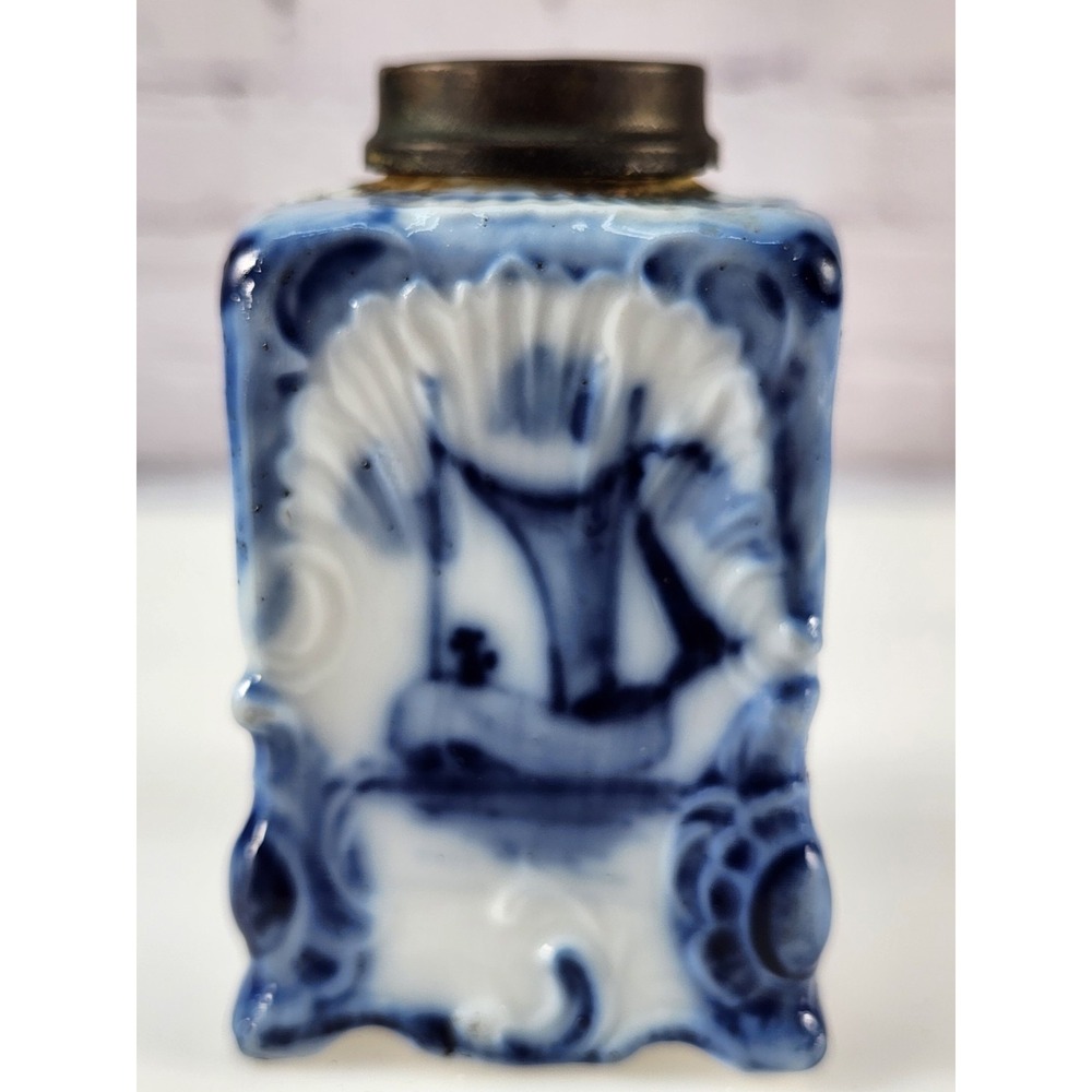 Delft Blue Porcelain Sailboat Ship Miniature 3-1/4" Oil Lamp Base Antique